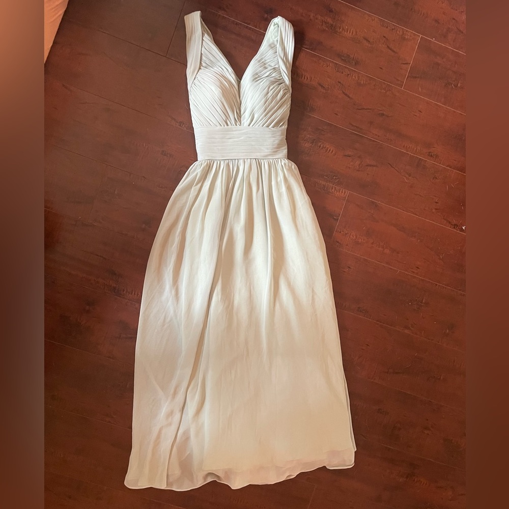 Sea foam green pleated chiffon A line bridesmaid’s maxi dress, size 0
